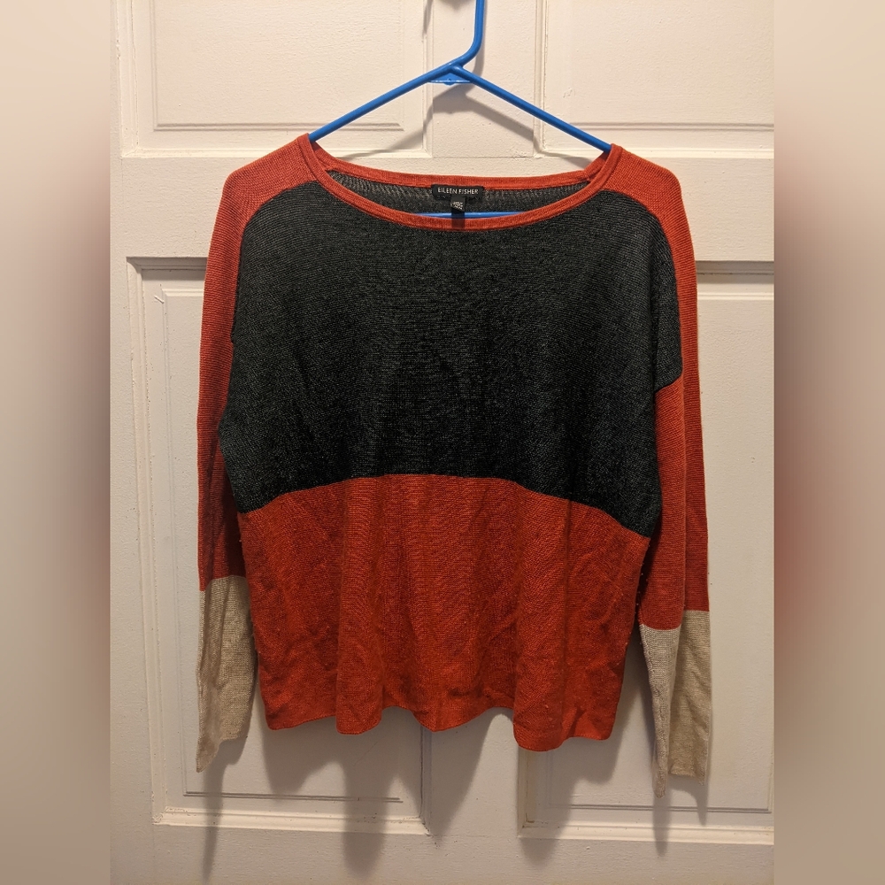 Eileen Fisher Orange and Grey Colorblock Merino Wool Mix Sweater (M)
